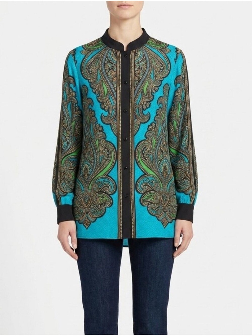 Bob Mackie Wearable Art Turquoise and Black Paisley Button-Front Shirt